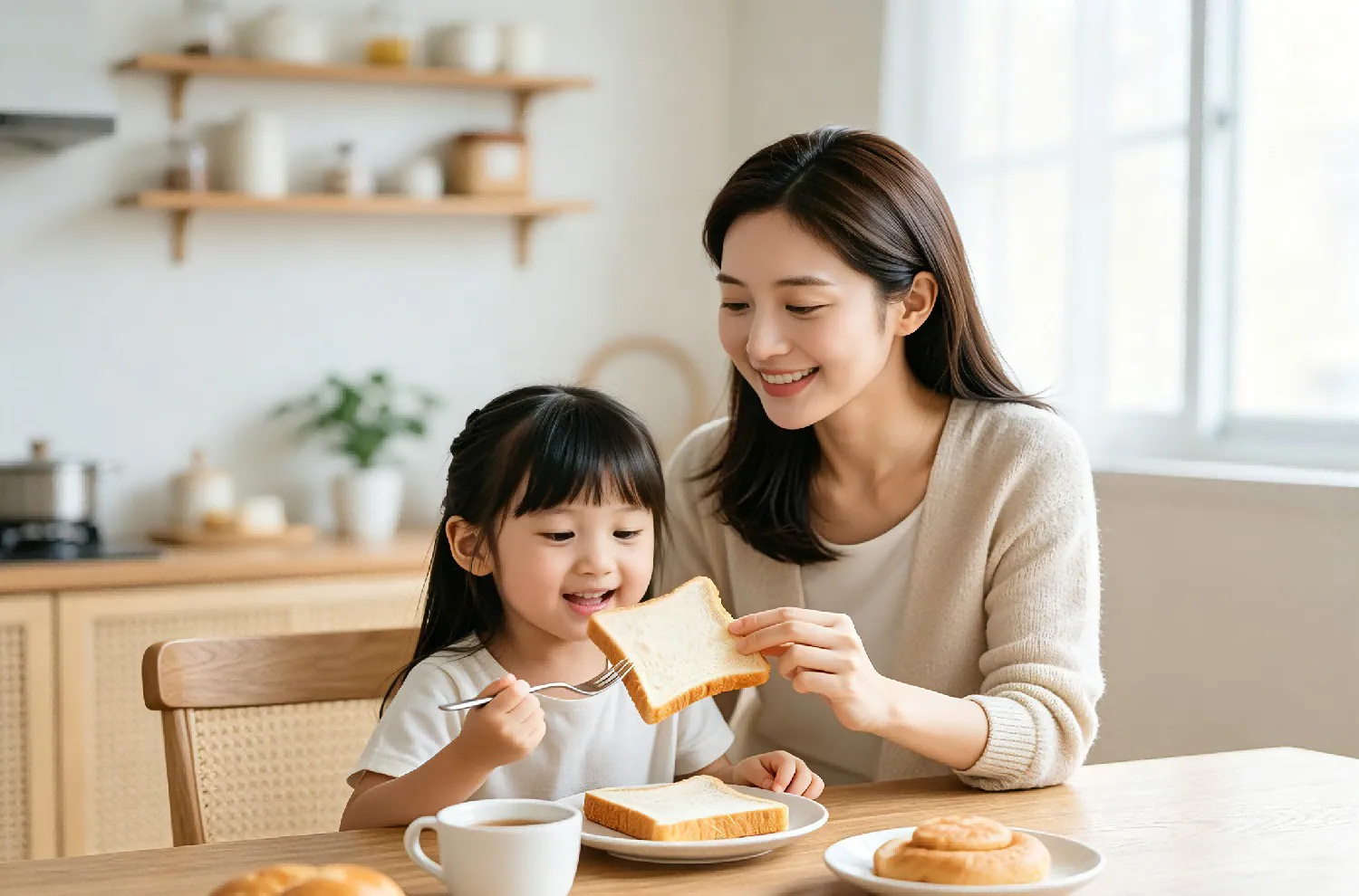 妈妈陪着孩子吃早餐吐司